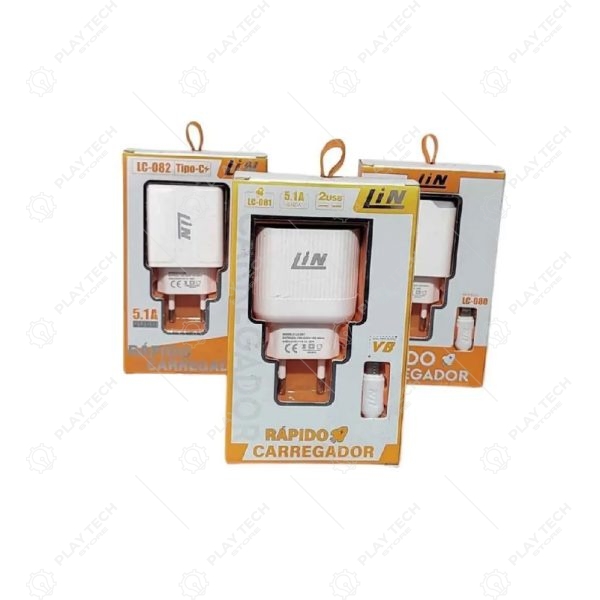 Carregador Turbo Rápido Completo Tipo C / Lightning iOS / V8 | LG-082 | 5.1A | 2 USB - LG-082