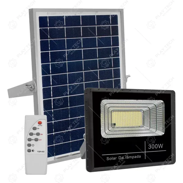 Refletor Solar LED Holofote 300W | Prova D'água | Luz Branco-Frio | Carcaça Preta - ZPL-SOLAR-300