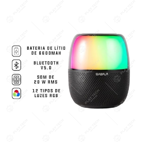 Caixa de Som Bluetooth SABALA DR-102  20W RMS, Bateria 6600mAh, Iluminação RGB - SAB-DR102