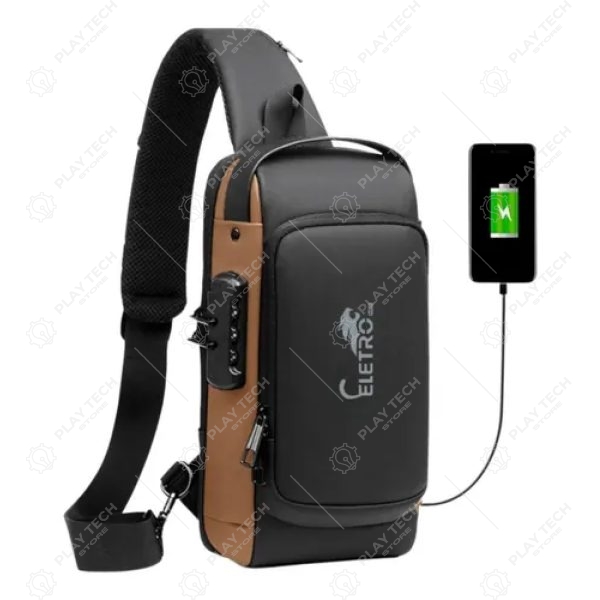 Mochila de Ombro Transversal Eletromex EL-3803  USB, Trava Antifurto com Senha, Bolsos Inteligentes - MCH-EL3803
