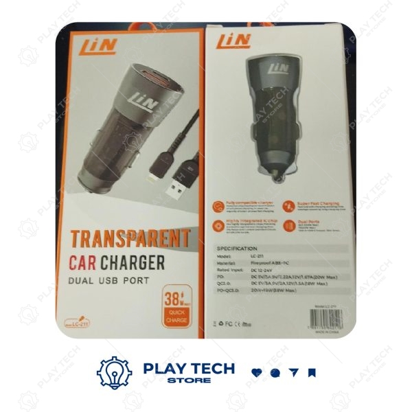 Carregador Veicular Transparente LIN 211 Dual USB Port, Carregamento Rápido 38W - LC-211