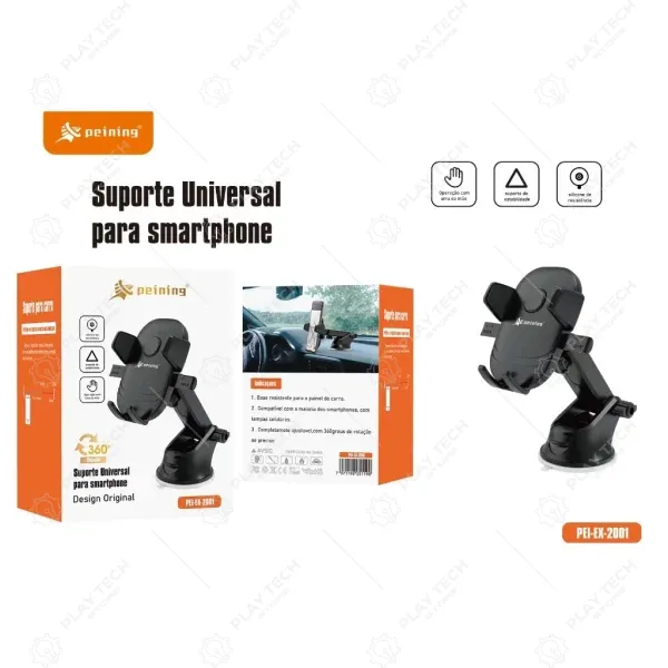 Suporte Universal Para Smartphone PEI-EX-2001 Ventosa de Silicone, Rotação 360°, Fixação Fácil - PEI-EX-2001